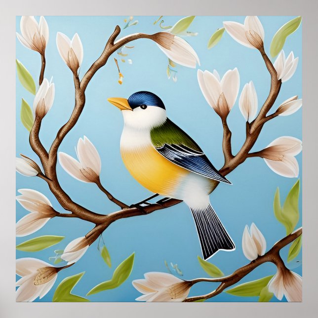 Farbenfrohe Blaue Vögel auf einer blühenden Branch Poster (Vorne)
