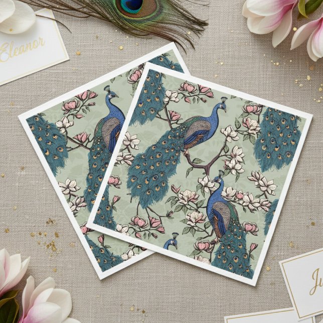 Farbenfrohe Blaupfaue und Magnolische Weite Grün Serviette (Elegant Sage Green Peacock Napkins. Colorful Blue Peacocks & Teal Feather Floral Chinoiserie Pattern)