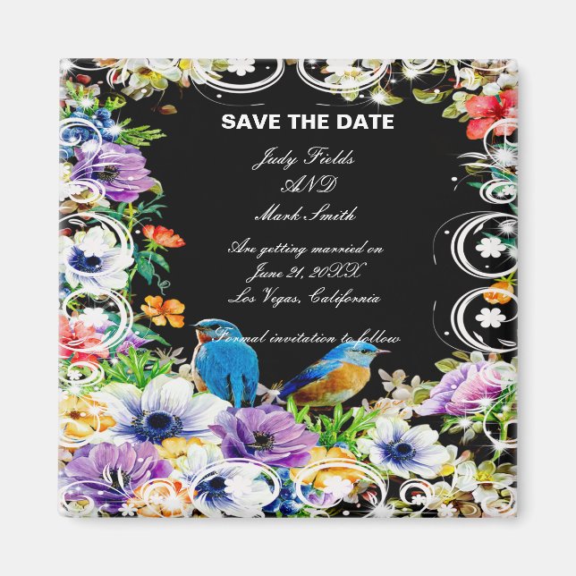 Farbenfrohe Blauvögel und botanische Save the Date Magnet (Vorne)