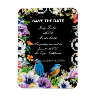 Farbenfrohe Blauvögel und botanische Save the Date Magnet