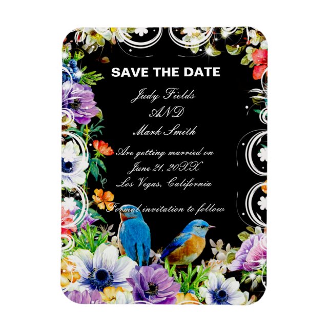 Farbenfrohe Blauvögel und botanische Save the Date Magnet (Vertikal)