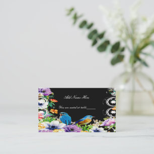 Farbenfrohe Blauvögel und botanischer Blumentisch Platzkarte