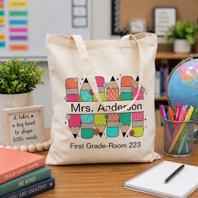 Farbenfrohe Bleistift-Lehrerin Name Klasse Tragetasche (Teacher tote bag)