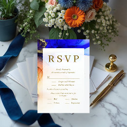 Farbenfrohe Blue Orange Gold Wedding RSVP Card Karte