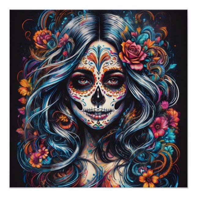 Farbenfrohe Blue Sugar Skull Lady Poster (Vorderseite)
