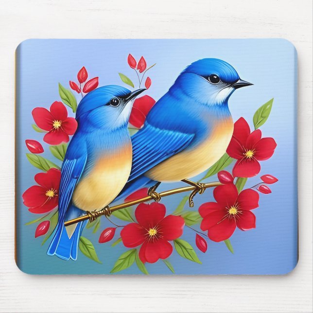 Farbenfrohe Bluebirds unter den roten Blume Mousepad (Vorne)