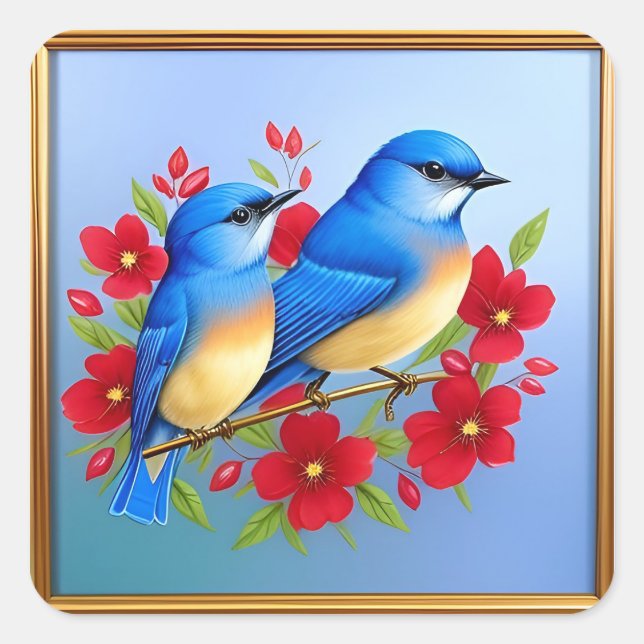 Farbenfrohe Bluebirds unter den roten Blume Quadratischer Aufkleber (Vorderseite)