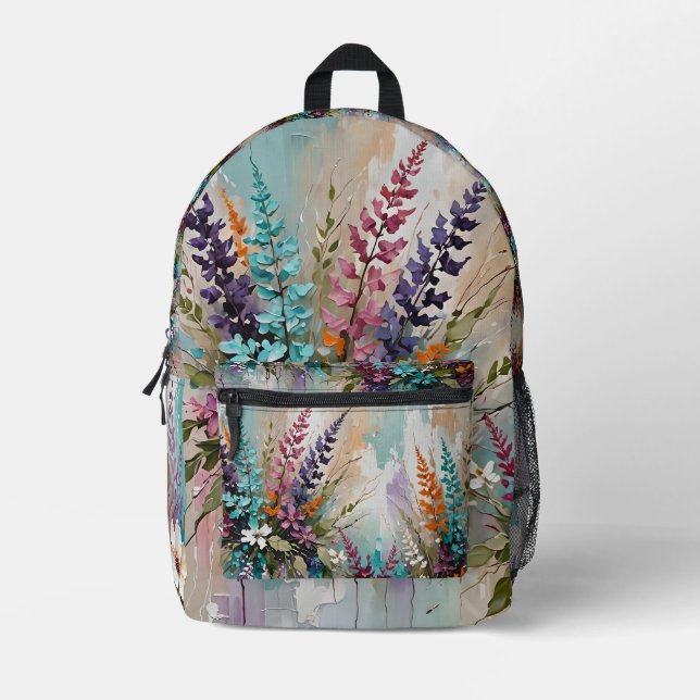 Farbenfrohe Blume auf blaubeige weiße Lavendel Bedruckter Rucksack (Vorderseite)