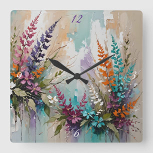 Farbenfrohe Blume auf blaubeige weiße Lavendel Quadratische Wanduhr
