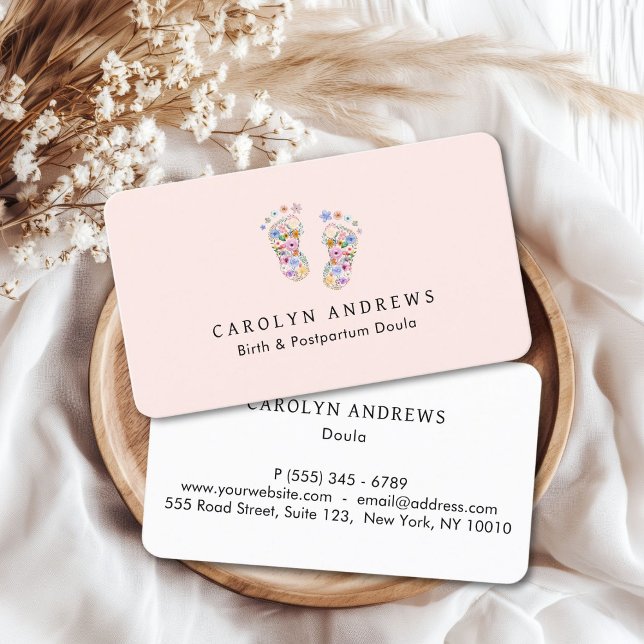 Farbenfrohe Blume Baby Footprint Logo Rosa Visitenkarte (Colorful Flower Baby Footprint Logo Blush-Pink-White Business Card)