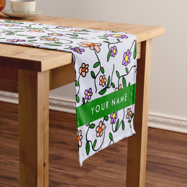 Farbenfrohe Blume, blauer Hintergrund, grün Kurzer Tischläufer (Beispiel)