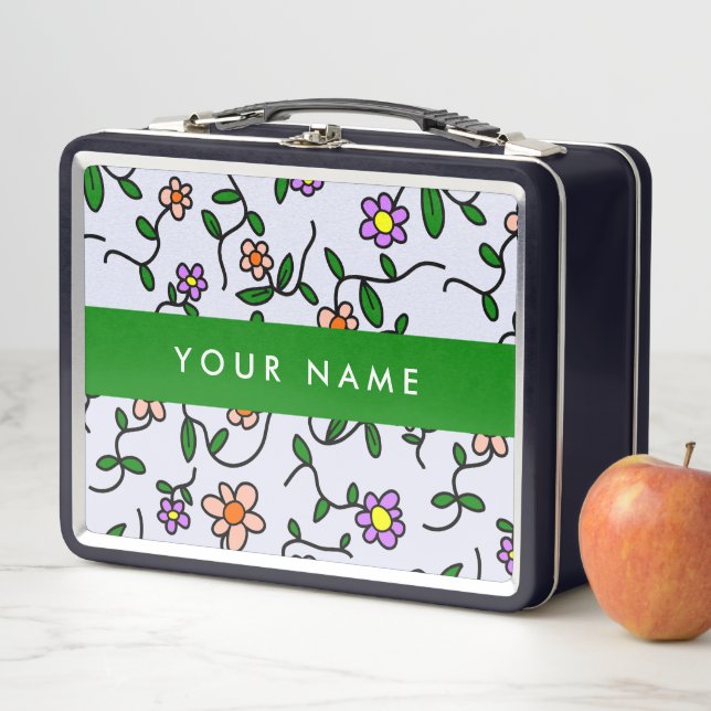 Farbenfrohe Blume, blauer Hintergrund, grün Metall Brotdose (Beispiel)