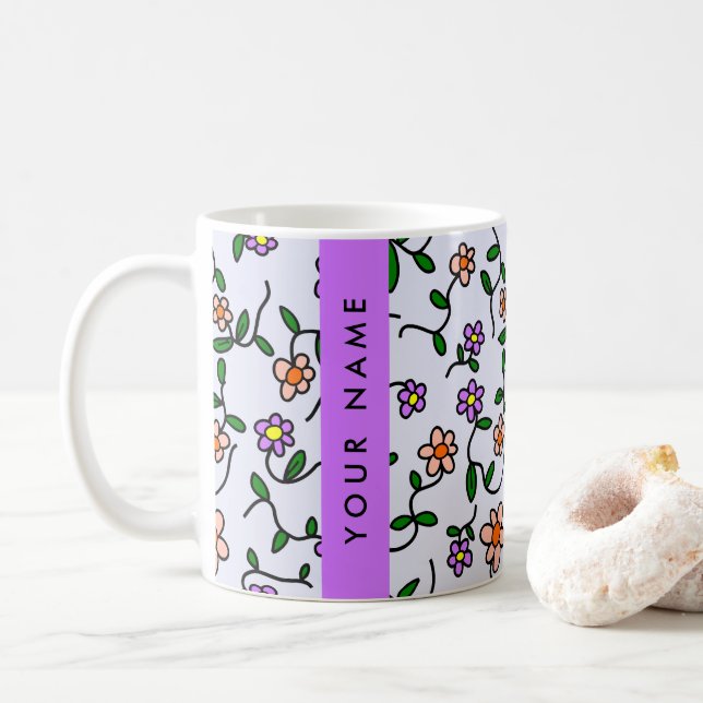 Farbenfrohe Blume, blauer Hintergrund, Lila Kaffeetasse (Mit Donut)