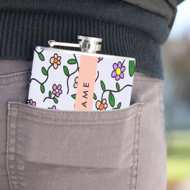 Farbenfrohe Blume, blauer Hintergrund, orange Flachmann (Beispiel)