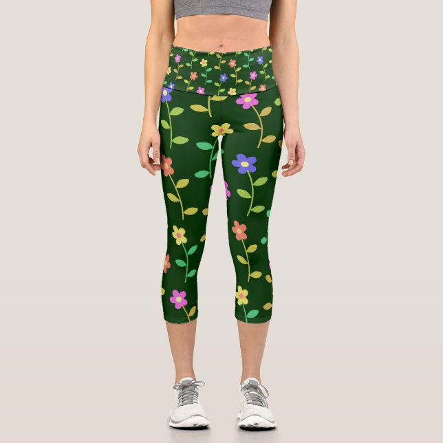 Farbenfrohe Blume, Blumenmuster, Grüne, Boho Capri Leggings (Vorderseite)