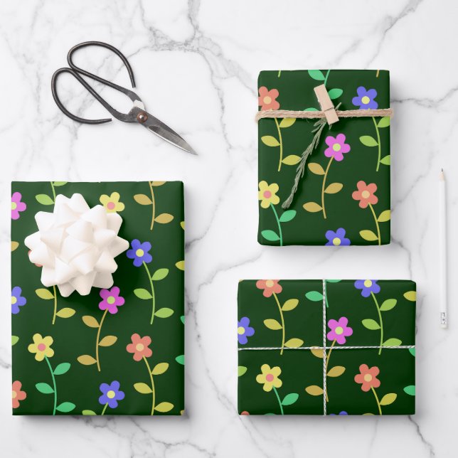 Farbenfrohe Blume, Blumenmuster, Grüne, Boho Geschenkpapier Set (Vorderseite)