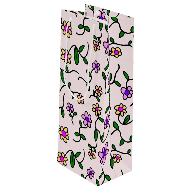 Farbenfrohe Blume, Blumenmuster, Grüne, Boho Geschenktüte Für Weinflaschen (Rückseite Schrägansicht)