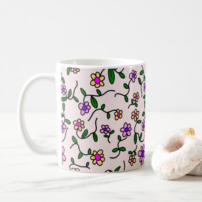 Farbenfrohe Blume, Blumenmuster, Grüne, Boho Kaffeetasse (Mit Donut)