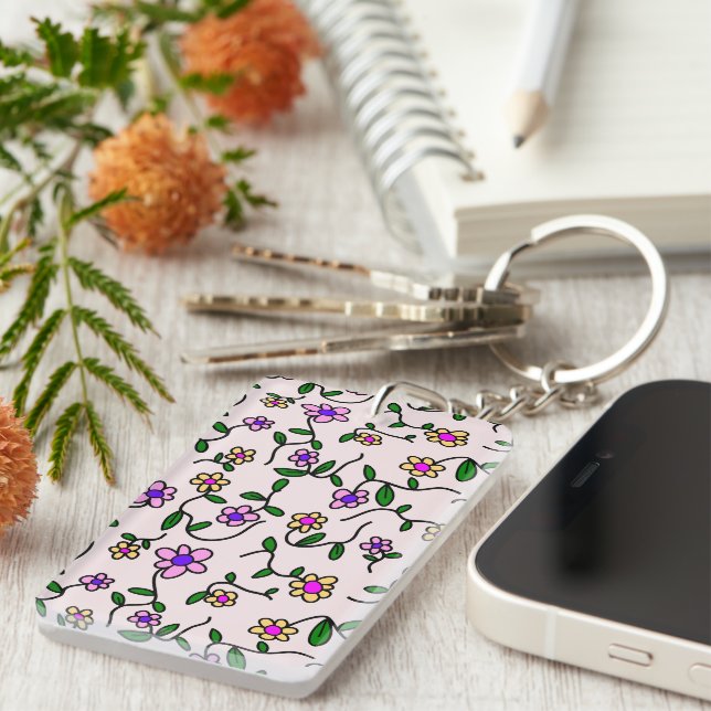 Farbenfrohe Blume, Blumenmuster, Grüne, Boho Schlüsselanhänger (Vorderseite rechts)