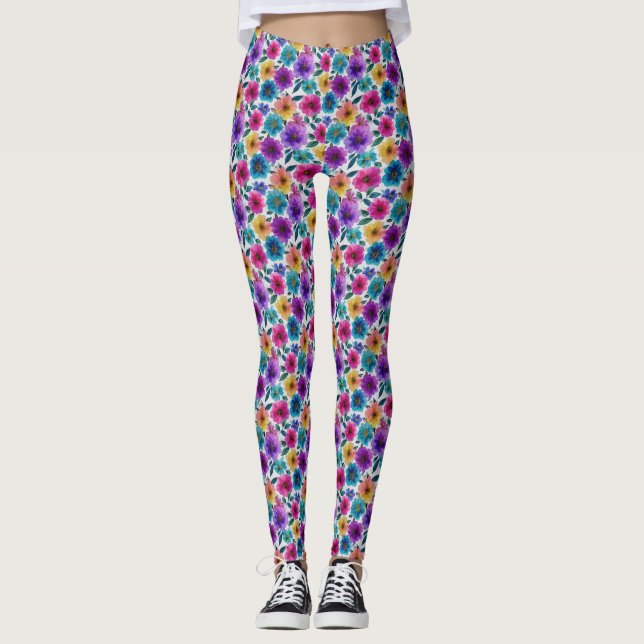 Farbenfrohe Blume Blüten Wasserfarben Leggings (Vorderseite)