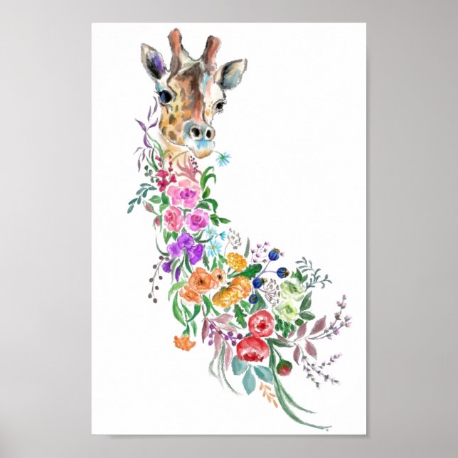 Farbenfrohe Blume Bouquet Giraffe Poster Malerei (Vorne)