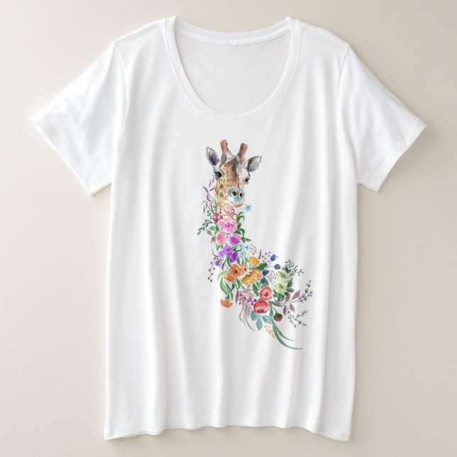 Farbenfrohe Blume Bouquet Giraffe - Zeichnend Mode Große Größe T-Shirt (Design vorne)
