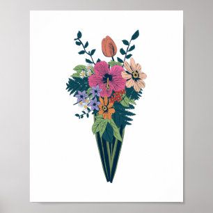 Farbenfrohe Blume Bouquet in einer konischen Vase Poster