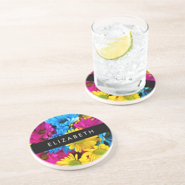 Farbenfrohe Blume, Daisis, Boho, Ihr Name Getränkeuntersetzer (Seite)