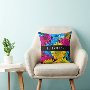 Farbenfrohe Blume, Daisis, Boho, Ihr Name Kissen