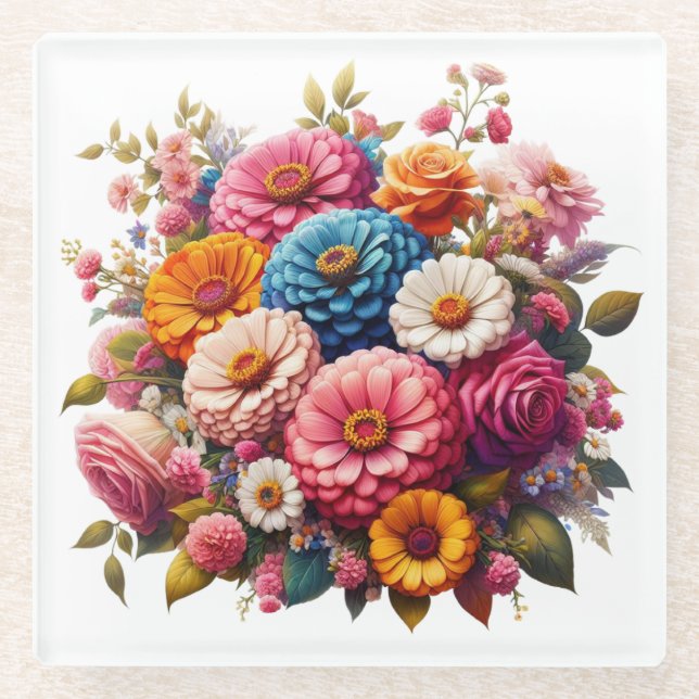Farbenfrohe Blume/Frühling Zinnia/Rose Glasuntersetzer (Vorderseite)