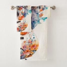 Farbenfrohe Blume Gitarrenmusik Instrument Elegant Badhandtuch Set