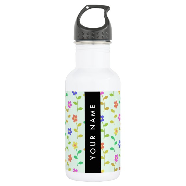 Farbenfrohe Blume, hellgrüner Hintergrund, schwarz Edelstahlflasche (Vorderseite)