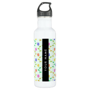 Farbenfrohe Blume, hellgrüner Hintergrund, schwarz Edelstahlflasche