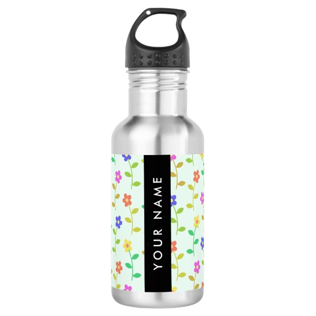 Farbenfrohe Blume, hellgrüner Hintergrund, schwarz Edelstahlflasche (Vorderseite)