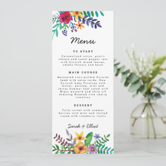 Farbenfrohe Blume Hochzeitmenü Menükarte