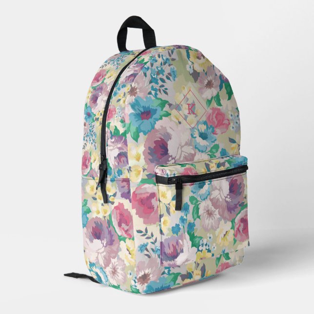 Farbenfrohe Blume im Sommer nahtlos Bedruckter Rucksack (Rückseitige Ecke links)