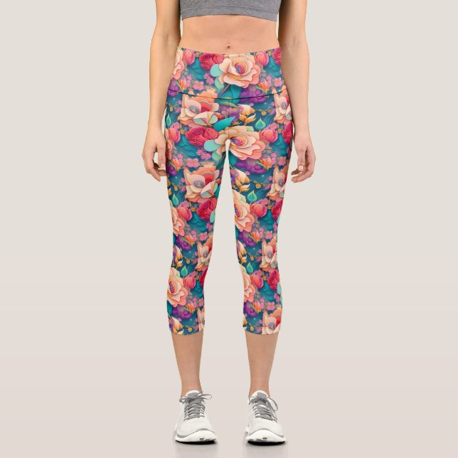 Farbenfrohe Blume Muster Hochwaisted Yoga Capris (Vorderseite)