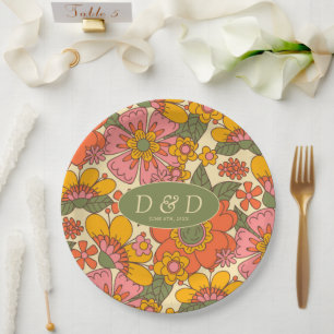 Farbenfrohe Blume Muster Retro Boho 70er Wedding Pappteller