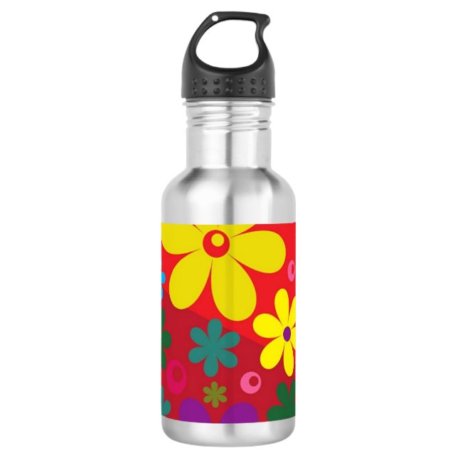Farbenfrohe Blume Power auf rotem Muster Edelstahlflasche (Vorderseite)