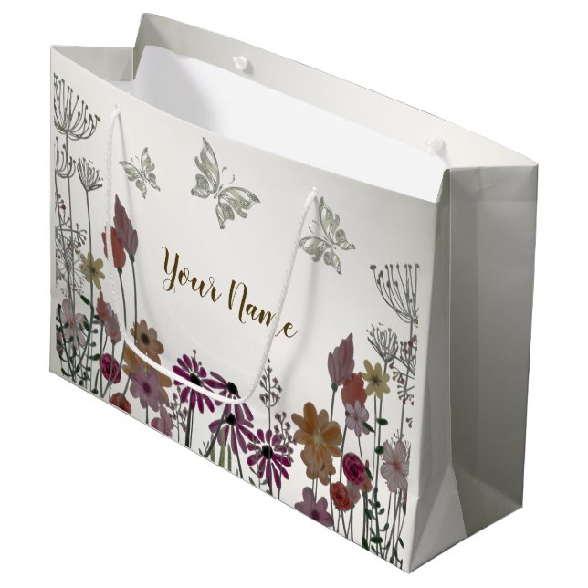 Farbenfrohe Blume Schmetterlinge Natur Rustikal Große Geschenktüte (Vorderseite Schrägansicht)
