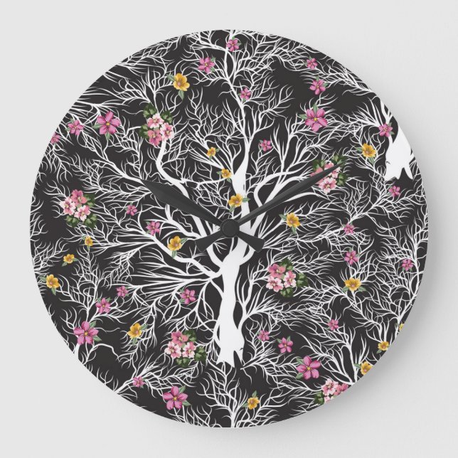 Farbenfrohe Blume: Schwarzer Baum Nahtlos Große Wanduhr (Vorderseite)