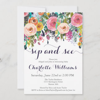 Farbenfrohe Blume Sip and see Einladungen Karten