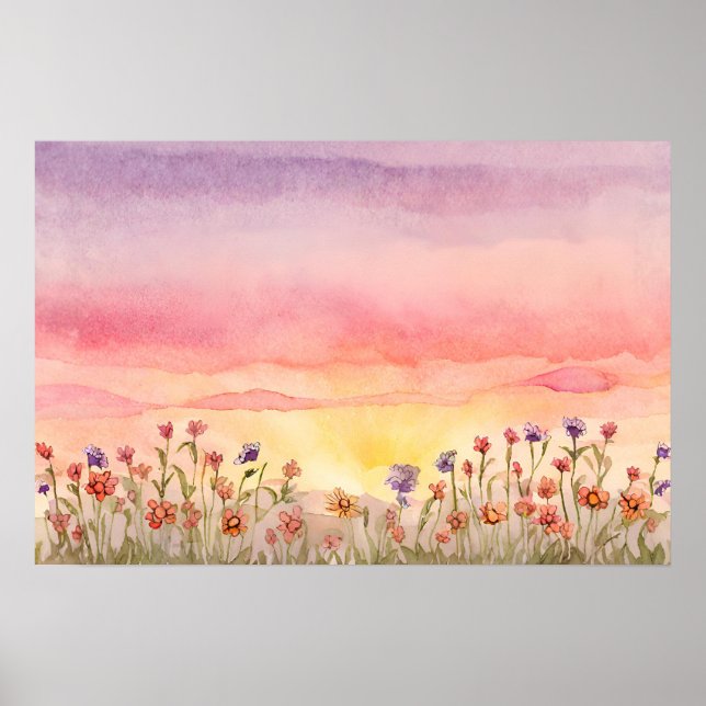 Farbenfrohe Blume Sonnenuntergang Malerei Aquarell Poster (Vorne)