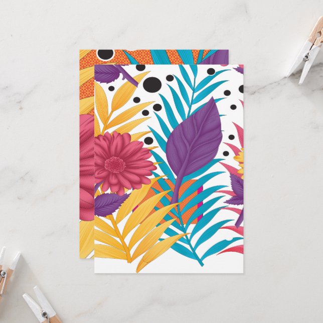 farbenfrohe Blume und Blätter auf schwarzem Hinter Einladung (Vorderseite/Rückseite Beispiel)