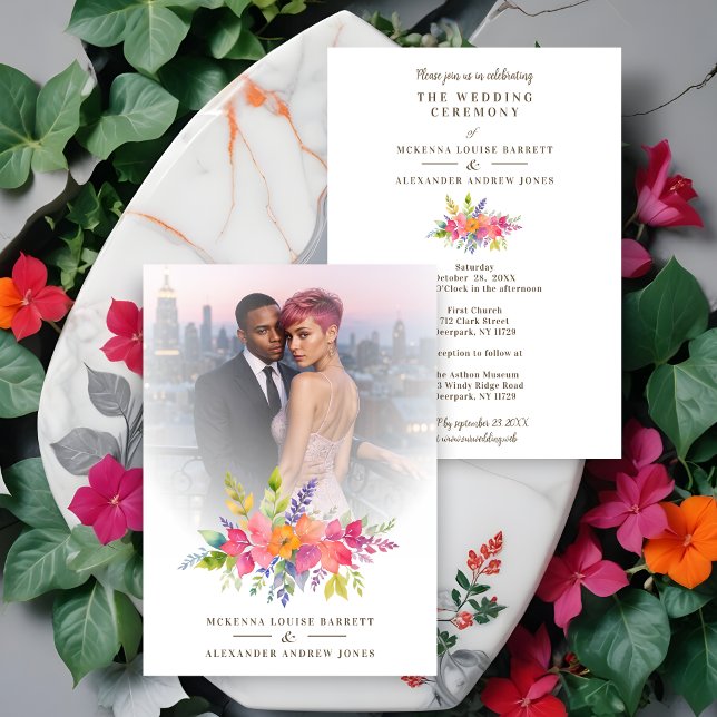 Farbenfrohe Blume und Foto in den Foliage Garland Einladung (Cherish Colorful Flowers & Foliage Garland Photo Wedding Invitations Cards. )