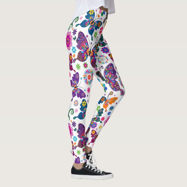 Farbenfrohe Blume und Schmetterlinge Leggings (Rechts)