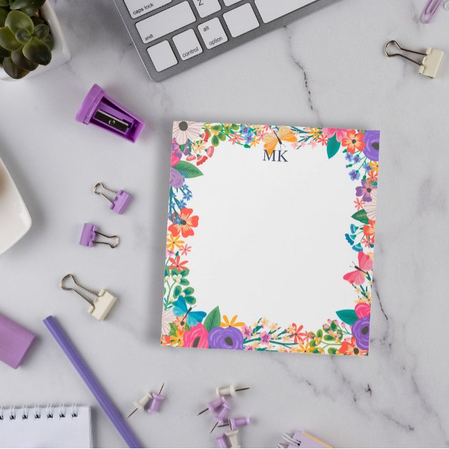Farbenfrohe Blume und Schmetterlinge Mit Monogramm Notizblock (Von Creator hochgeladen)