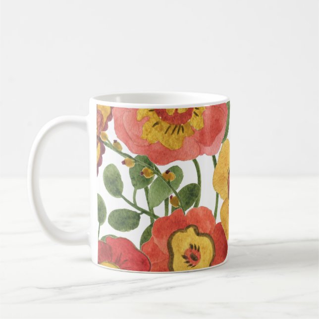 Farbenfrohe Blume: Wasserfarbenmuster im Sommer. Kaffeetasse (Links)