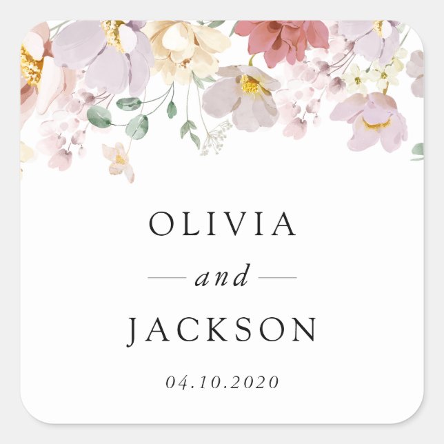 Farbenfrohe Blume, Wildblumen, Boho, Hochzeit Quadratischer Aufkleber (Vorderseite)