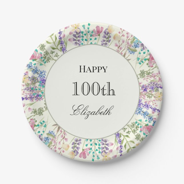 Farbenfrohe Blumen 100. Geburtstag Papier Teller (Vorderseite)